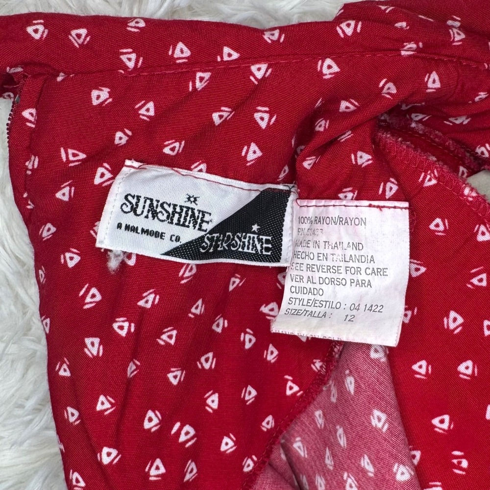 VTG Sunshine Starshine Red 80's Print Dress Peter Pan Collar Pleated sz 12 - Picture 3 of 10
